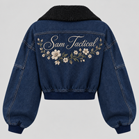 Veste en jean pour femme Sam Tactical avec broderie florale, col en fourrure, manches bouffantes, fermeture éclair, style trucker, prix abordable, personnalisation OEM
