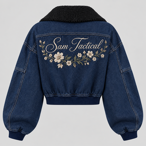 Veste en jean pour femme Sam Tactical avec broderie florale, col en fourrure, manches bouffantes, fermeture éclair, style trucker, prix abordable, personnalisation OEM - Product Image 6