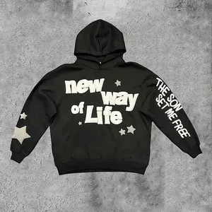 Manufacturer OEM Brand Foam Print Hoodie Solid Black Thick 100% Cotton Pullover 3D Puff Printing Hoodies