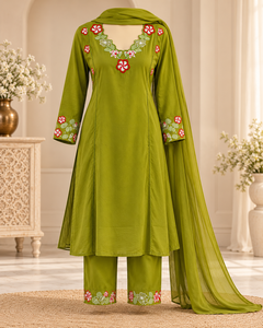 Women Olive Green Floral Embroidered Three Piece <b>Kurta</b> Pant Dupatta Set Ethnic <b>Indian</b> Wear Wholesale Manufacturer - Product Image 2