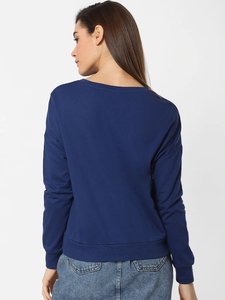 Sweat-shirt à col rond bleu marine pour femme, manches longues, imprimé lettres, haut décontracté, respirant, en coton tricoté, pour l'automne - Product Image 3