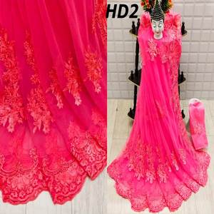 DISEÑADOR SOFY SEDA PESADA PIEDRA TRABAJO SAREE CON BLUSA DESCOSADA ROSA - Product Image 1