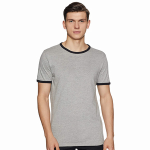 Camiseta de Manga Corta Gris para Hombre con Ribete en Contraste Negro, Cuello Redondo, Corte Regular, Tejido Jersey Informal, 100% Algodón, Color Sólido - Product Image 1