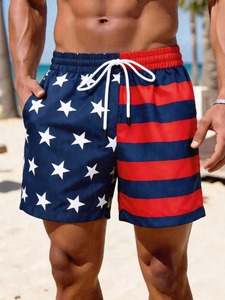 <b>Men</b> Plus Size American Flag Print Drawstring Anti-UV Quick Dry Beach Shorts with Pockets Mid Waist Swim <b>Trunks</b> - Product Image 5