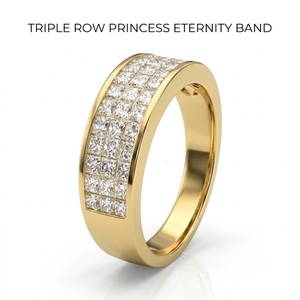 Anillo de Diamantes de Corte Princesa de Tres Hileras en Oro Sólido de 18K Hecho a Mano, Banda Ancha, Joyería Fina - Product Image 1