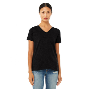 Camiseta de Manga Corta con Cuello en V para Mujer, Color Negro Sólido, Estilo Relajado, Transpirable, Informal - Product Image 6
