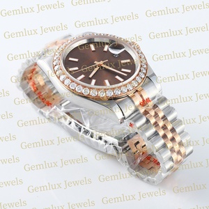 Bisel redondo de alta calidad Diamante Cara marrón Dos tonos Acero inoxidable Fecha automática D VVS Moissanite Reloj de diamantes para hombres - Product Image 4