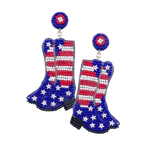 USA boot Beaded Earrings for Women Patriotic <b>Memorial</b> Day Orange White Blue Colour Fabric Material - Product Image 1