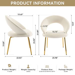 Set di 1 Sedia da Pranzo in Velluto Bianco con Schienale Curvo e Gambe in Metallo Dorato per Cucina o Sala da Pranzo - Product Image 2
