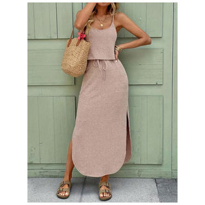 Women Rib Knit Sleeveless Short Skinny Streetwear Crop Matching Vintage Midi Skirt Set Print Eco-Friendly High Quality Two Piece - Product Image 1