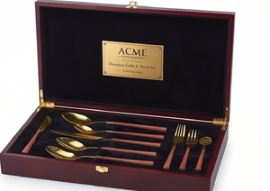 Ensemble de couverts élégants avec manche en bois, en acier inoxydable de qualité supérieure, finition dorée, pour la cuisine, les fêtes, les mariages et les dîners. - Product Image 5