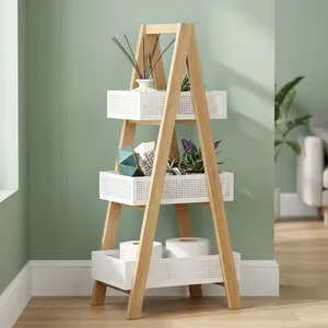 Étagère de rangement en bois de manguier à 3 niveaux, design minimaliste, paniers blancs, organisateur pour salle de bain, cuisine, salon - Product Image 1