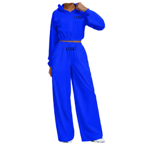 Women's Cream Hooded <b>Zip</b>-<b>Up</b> <b>Crop</b> Top & Wide Leg Pants Set Loose Fit Solid Color Front Logo Casual Outfit - Product Image 6