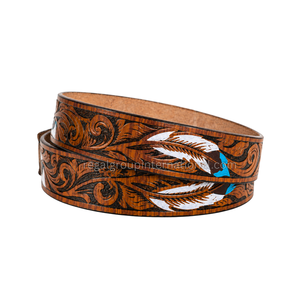 2026 New Design Western Cowboy Leather <b>Belt</b> for Men & Women Vintage Brown Floral Carved Feather Pattern <b>Belt</b> with <b>Silver</b> <b>Buckle</b> - Product Image 2
