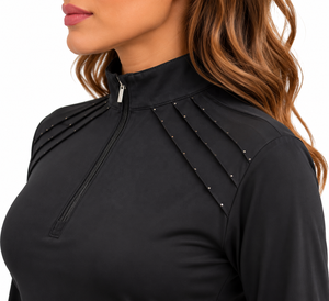 Camisa de competición ecuestre negra para mujer, manga larga, con cremallera de un cuarto, cuello alto y detalle de pedrería en el hombro - Product Image 2
