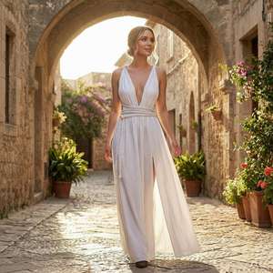 Vestido Maxi de Algodón Blanco Estilo Griego Hecho a Mano con Cinturón de Macramé Trenzado a Mano, Elegante Vestido Fluido sin Mangas con Cuello en V - Product Image 3