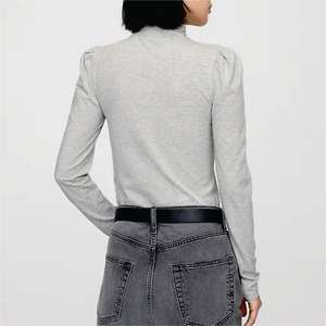 T-shirt décontracté d'été pour femme, col roulé, manches longues, coupe classique, en tissu non tissé, 100 % coton biologique, respirant, écologique, avec logo - Product Image 3