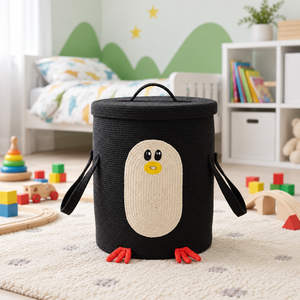 Cesta de Almacenamiento Personalizable 100% Yute Ecológica con Forma de Pingüino, con Tapa y Asas Laterales para Organización de Juguetes en la Guardería - Product Image 5