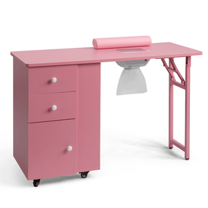 Bureau de manucure pliable en MDF rose avec 2 tiroirs et 1 armoire à porte pour la beauté à domicile ou le salon de manucure - Product Image 1