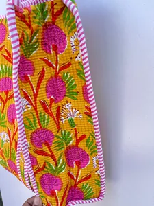 Bohemian <b>Yellow</b> Quilted Cotton Tote <b>Bag</b> with Floral Print Bohemian Style Casual Zipper Shopping Grocery Handbag for Women - Product Image 5