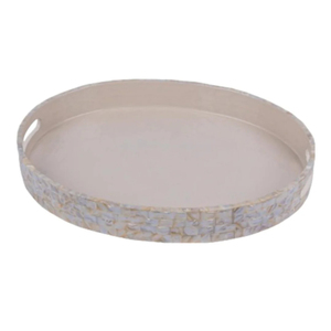 Bandeja Redonda con Incrustaciones de Madreperla, Hecha a Mano con Mosaico de Conchas Marinas Naturales, Plato Decorativo con Asas para Mesa de Centro - Product Image 1