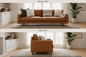 Sofá de Cuero Genuino de Estilo Moderno de Mediados de Siglo, 2.5 Plazas, Respaldo Ajustado, Tapizado con Patas de Madera para Sala de Estar - Product Image 3