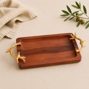 Luxury Rectangular Acacia Wood Serving Tray With Decorative Gold Bird Handles Premium <b>Rustic</b> Platter For <b>Home</b> <b>Decor</b> & Coffee - Product Image 1