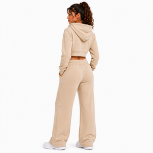 High Quality <b>Women</b> <b>Short</b> Crop Hoodie Zip Front Wide Leg Sweatpants Soft Fleece Two Piece Suit Solid Color Custom Tracksuit <b>Set</b> - Product Image 5