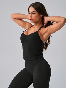 Ensemble de sport 2 pièces pour femme : débardeur de sport long à col en V et leggings micro-côtelés longueur cheville à effet ventre plat – Tenue d'entraînement - Product Image 4
