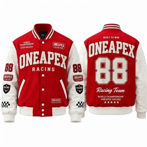 เสื้อแจ็คเก็ตเบสบอลผู้ชายสีแดงขาว แจ็คเก็ตเลตเตอร์แมน แจ็คเก็ตบอมเบอร์ ปักลายปะติด สตรีทแวร์ ขายส่ง - Product Image 1