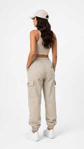 Pantalones Cargo de Lona Color Caqui para Mujer, Cintura Media, Corte Recto, Cordón Ajustable, Estilo Casual y Utilitario - Product Image 4