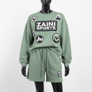 Ensemble court en molleton de coton 320 GSM vert menthe pour femme, doux et épais, avec logo personnalisé par transfert thermique en strass – Collections Femme - Product Image 4