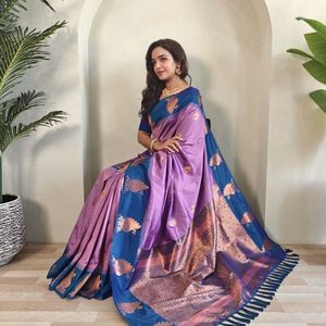 Sari de seda de dos tonos con borde de Zari de pavo real, tejido con motivos de mango y Pallu en contraste, sari tradicional de diseñador de Royal Export - Product Image 3
