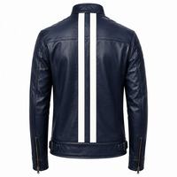 Herrenjacke aus echtem Leder in Marineblau mit individuellem Logo, weißen Rennstreifen, Retro-Motorrad-Stil, schmal geschnitten, Bikerjacke.