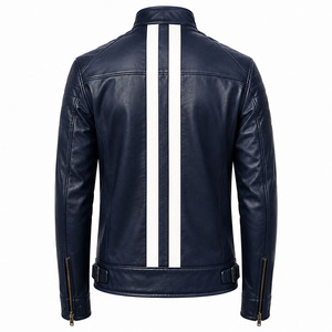 Veste de motard en cuir véritable bleu marine pour homme avec logo personnalisé, bandes de course blanches, style rétro, coupe ajustée - Product Image 2