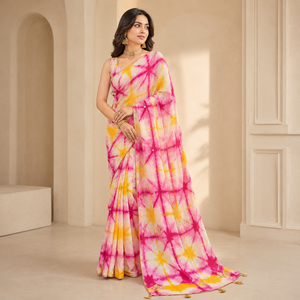 Sari de mariage vintage Tie Dye Jaipur Shibori rose jaune en modal, vente en gros, broderie miroir, vêtements de fête pour femmes, OEM - Product Image 1