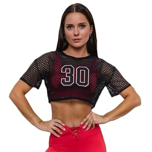 Camiseta Corta de Yoga y Fitness para Mujer, con Malla, Estilo Moderno, Apliques Bordados, Transpirable, Talla Grande - Product Image 1