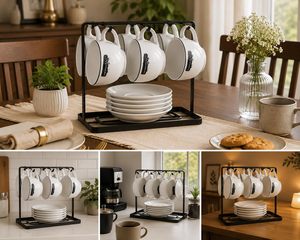 Minimalist Metal <b>Mug</b> Rack With Plate Storage <b>Stand</b> For Kitchen Tableware Organization Durable Non Folding Design - Product Image 6