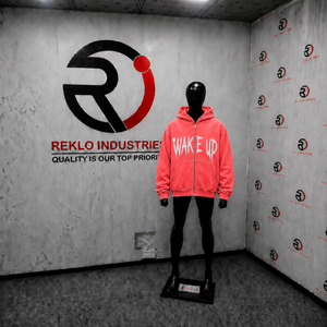 Sudadera con capucha extragrande rosa coral con cremallera completa y estampado gráfico Wake Up, estilo urbano informal para hombre - Product Image 3