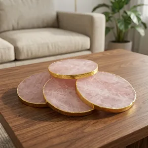 Premium Rose Quartz Round <b>Coaster</b> <b>Set</b> Natural Crystal Slice Design Gold Finish Luxury Home Decor Coffee Table and Drink Use - Product Image 1