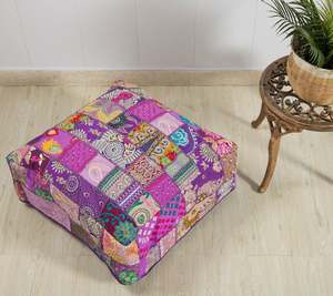 Housse de coussin carrée bohème en patchwork, faite à la main en coton et lin, multicolore violet, style indien, décoration intérieure - Product Image 2