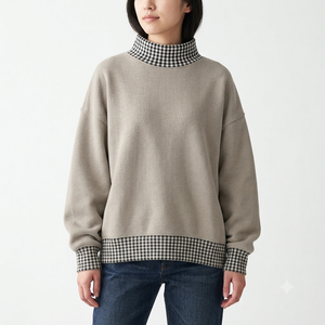 Women Gingham Print Oversized Mockneck Sweatshirt Soft Cotton Blend Long Sleeve Relaxed Fit Winter Streetwear OEM Supplier - Product Image 1