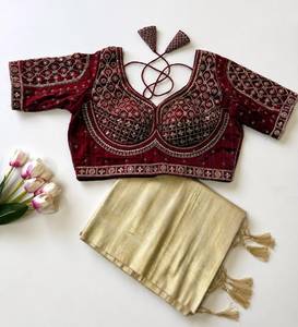 Sari de seda suave con tejido jacquard de diseño, adornado con cuentas y bordados, y blusa de satén Fandy completamente cosida. - Product Image 1