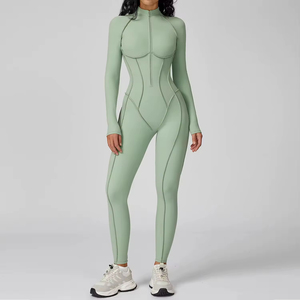 Women's Mint <b>Green</b> Full Zip Long Sleeve Bodysuit Turtleneck Knitted Spandex Polyester Sexy Club Wear Breathable Fit - Product Image 4