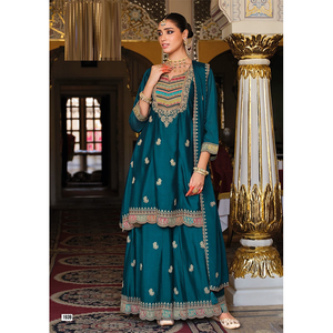 Bulk Exporter Selling <b>Top</b> Quality Wedding Wear Collection of Heavy Chinnon Silk Sharara Suit with Embroidery Work for Women - Product Image 1