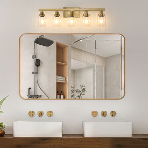 Lampada da Bagno Moderna in Ferro da 31 Pollici con 5 Paralumi in Vetro Trasparente, Applique Dorata a 5 Luci per Specchio e Bagno - Product Image 1