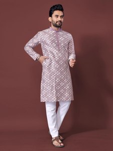 <b>Men's</b> Grey Printed Cotton <b>Kurta</b> Regular Fit Traditional Casual Wear India Pakistan Style All Seasons - Product Image 6