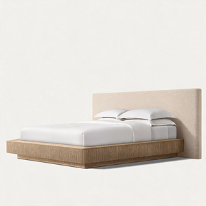 Lit plateforme moderne en bois massif avec tête de lit capitonnée et panneau en tissu, cadre de lit, mobilier de chambre - Product Image 2