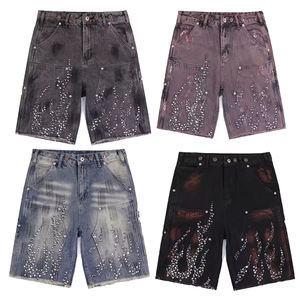 Pantalones Cortos de Mezclilla de Alta Calidad, Estilo Urbano, 100% Algodón, Desgastados, con Remaches de Diamantes de Imitación, Lavados, Estilo Carpintero, Vintage, Bonitos, de Tiro Medio - Product Image 1