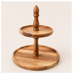 Modern Eco-Friendly Handcrafted 2-Tier Acacia Wood Cake <b>Stand</b> with Pillar Handle Elegant <b>Cupcake</b> Dessert Display <b>Stand</b> Low Price - Product Image 1
